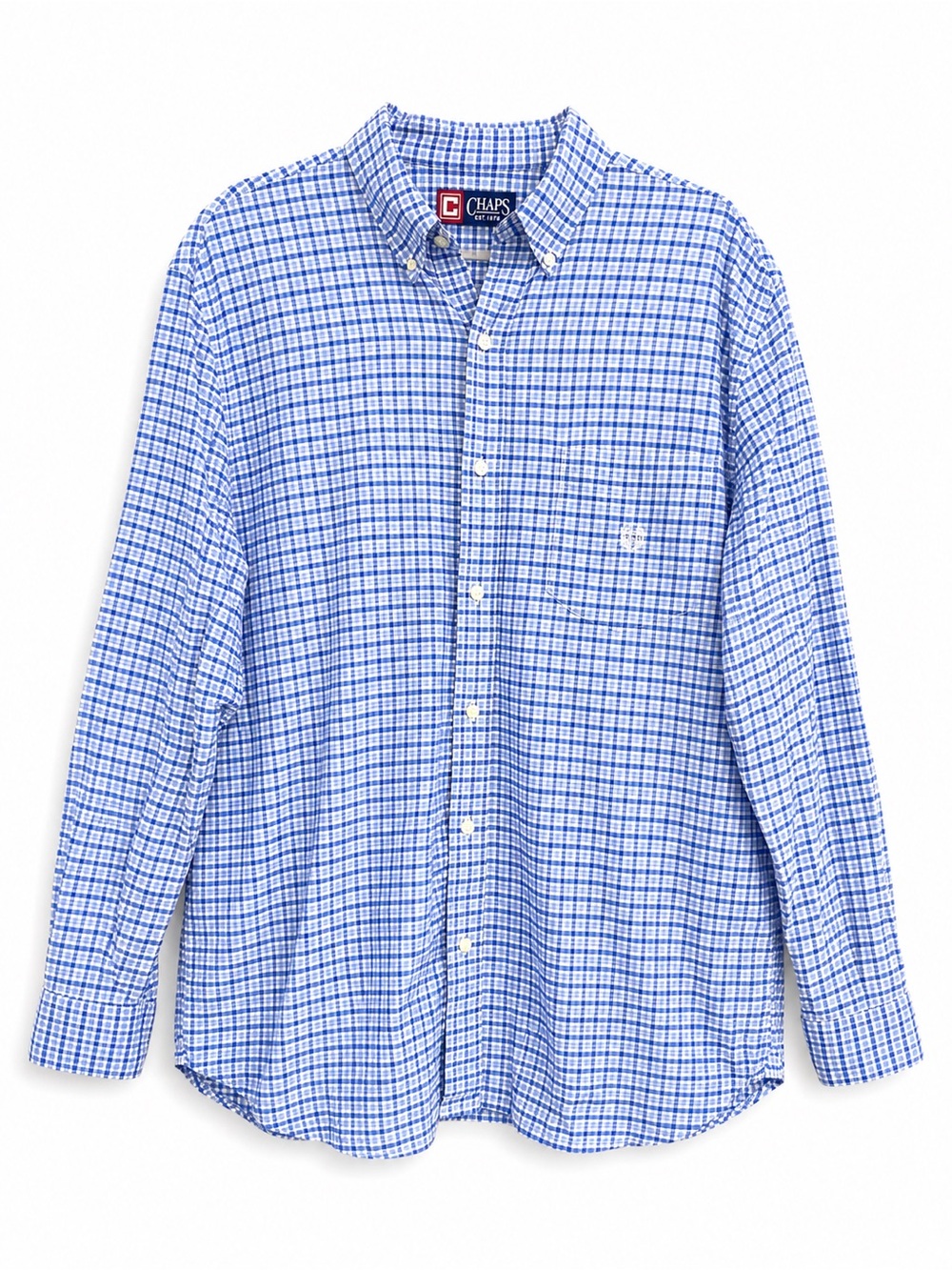 Chaps Blue White Gingham Check Long Sleeve Button Down Shirt Preppy Size XL